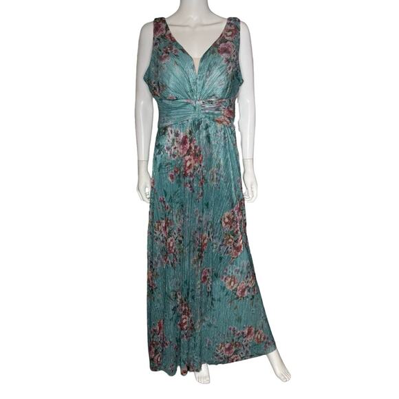 R & M Richards Women's Metallic Floral Print Sleeveless Gown Turquoise Sz 12 - Picture 2 of 10